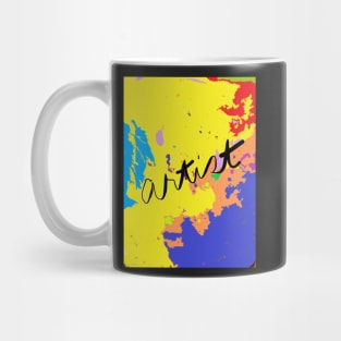 ARTIST: painted in bright yellow, blue, red, orange, turquoise, green Mug